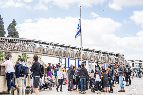 Gathering and Looking at Kotel with Mughrabi Bridge in Background 190509-1