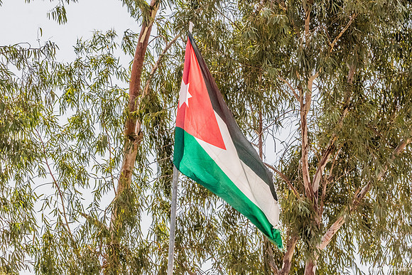 Jordanian Flag Up Close with Eucalyptus in Background