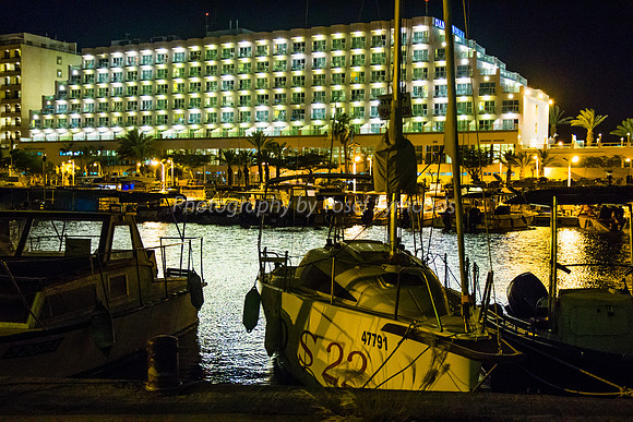 Boats Moored in Eilat with Dan Panorama Hotel in Background 180603-8