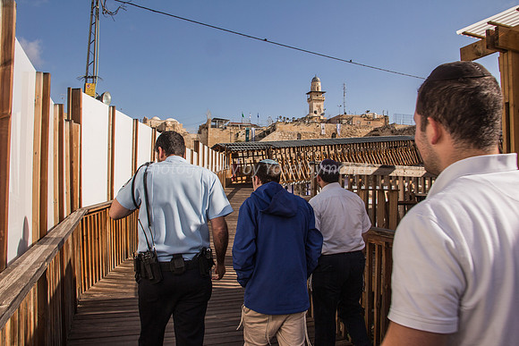 Jewish Group Being Led Up Wooden Bridge to Reach Gate of Temple Mount