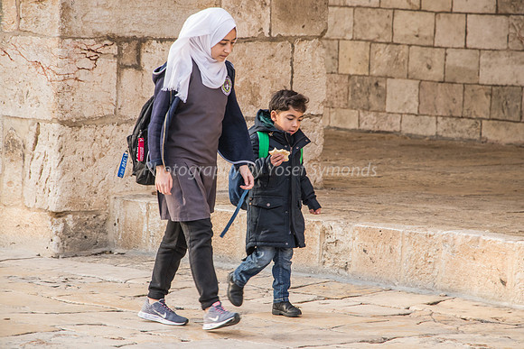Sister and Younger Brother Crossing Temple Mount to School 181216-1