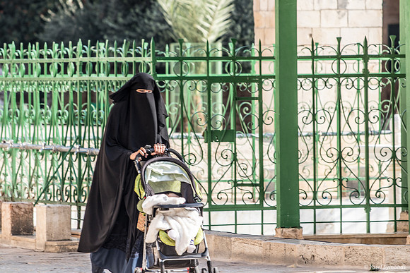 Arab Mother and Baby  Strolling with Stroller 190908-1