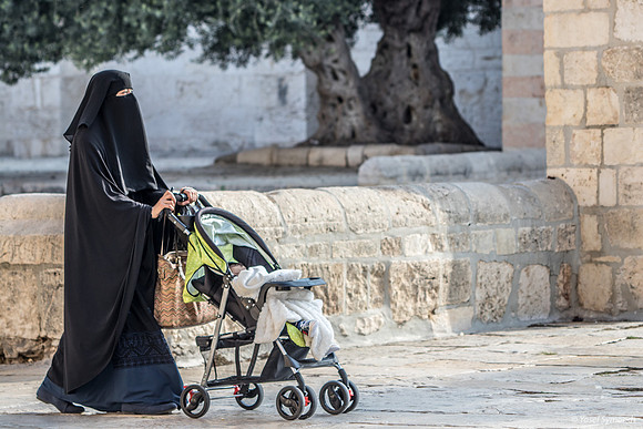 Arab Mother and Baby  Strolling with Stroller 190908-1