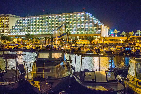 Boats Moored in Eilat with Dan Panorama Hotel in Background 180603-6