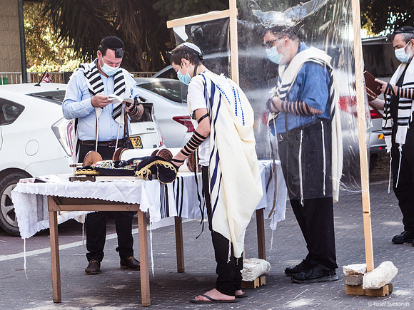 Reading from Torah in Car Park Minyan 200903-3
