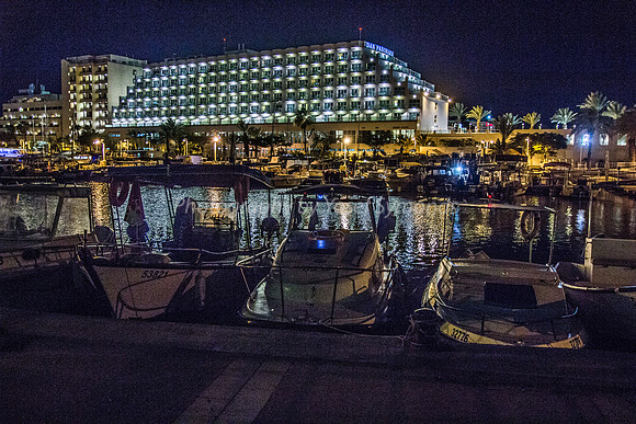 Boats Moored in Eilat with Dan Panorama Hotel in Background 180603-2